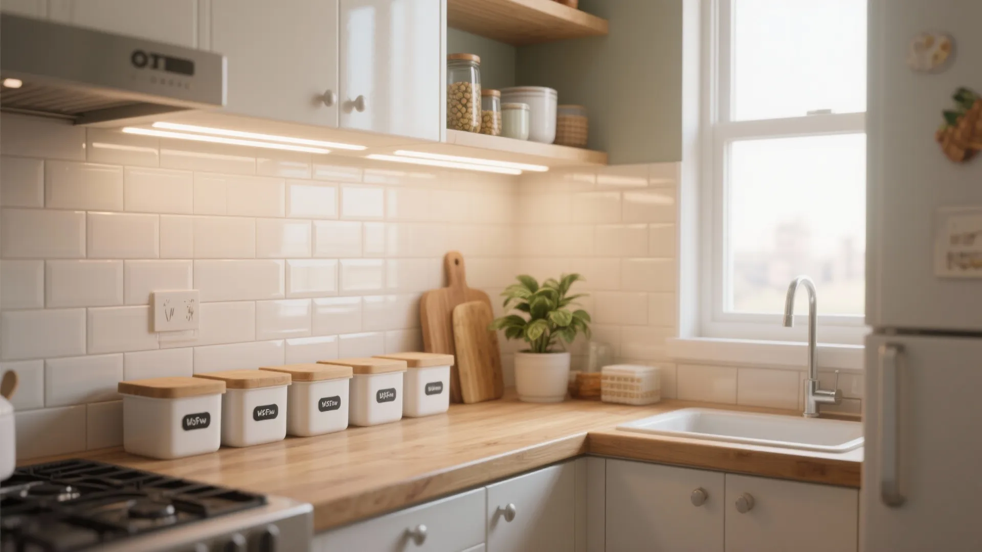 Bright kitchen corner with white tile wall wooden countertop sink and under cabinet light strips
