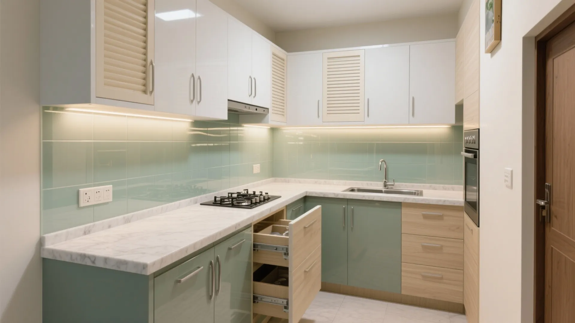 Bright, compact kitchen with reflective touches