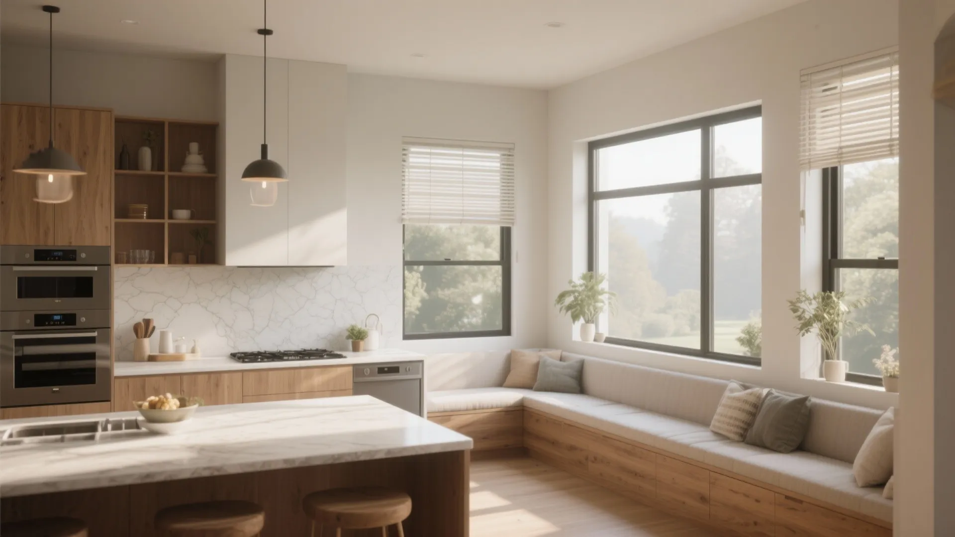 Bright kitchen featuring a long built in window seat large black windows and marble island table