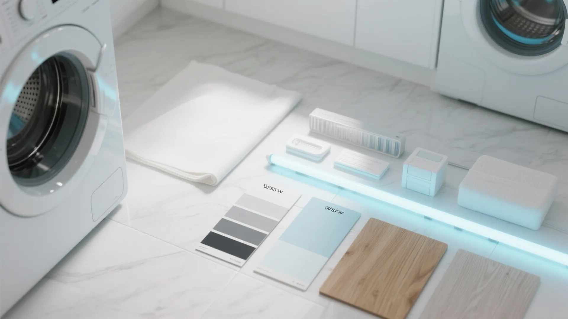 Color palette cards and wood samples on a marble floor near a white washing machine
