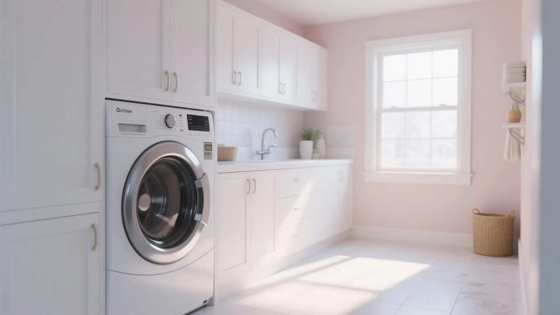 Bright laundry room with pink walls white cabinets washing machine large window and natural sunlight
