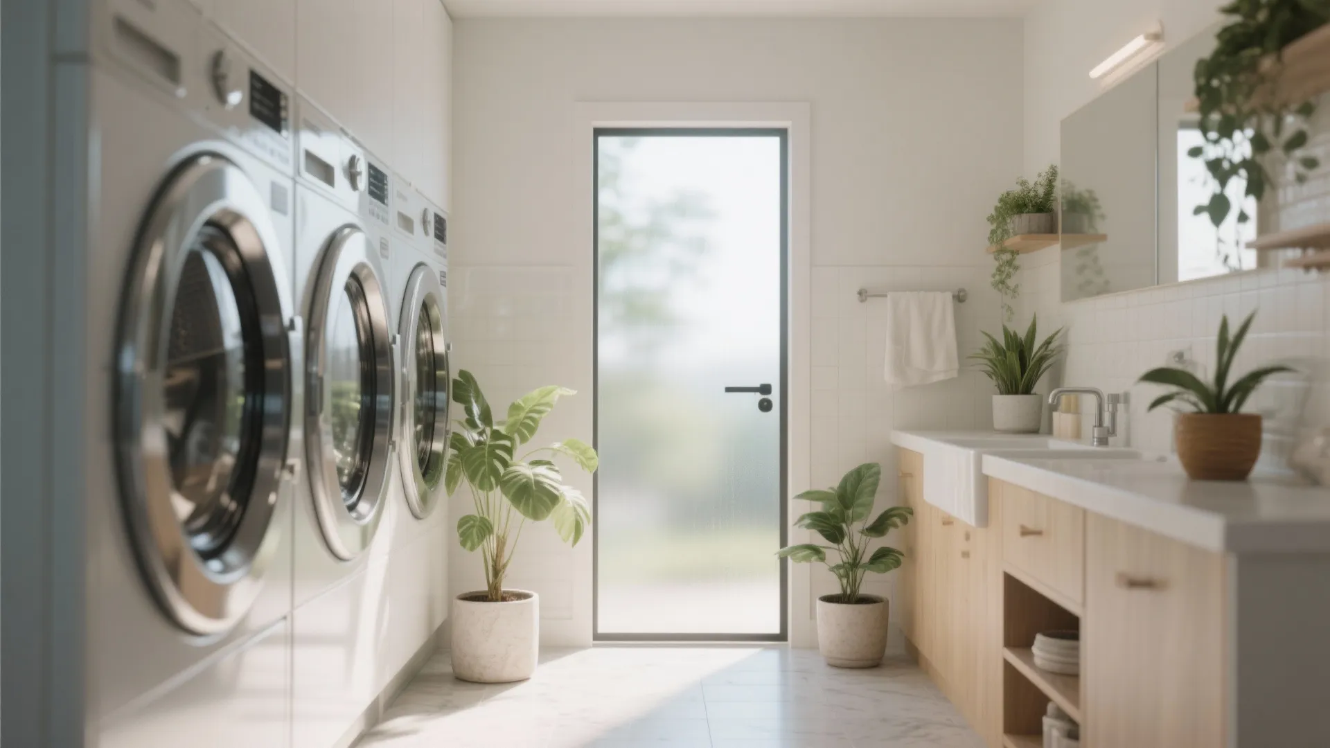 Bright laundry room with three washing machines green plants wooden cabinets and a glass door