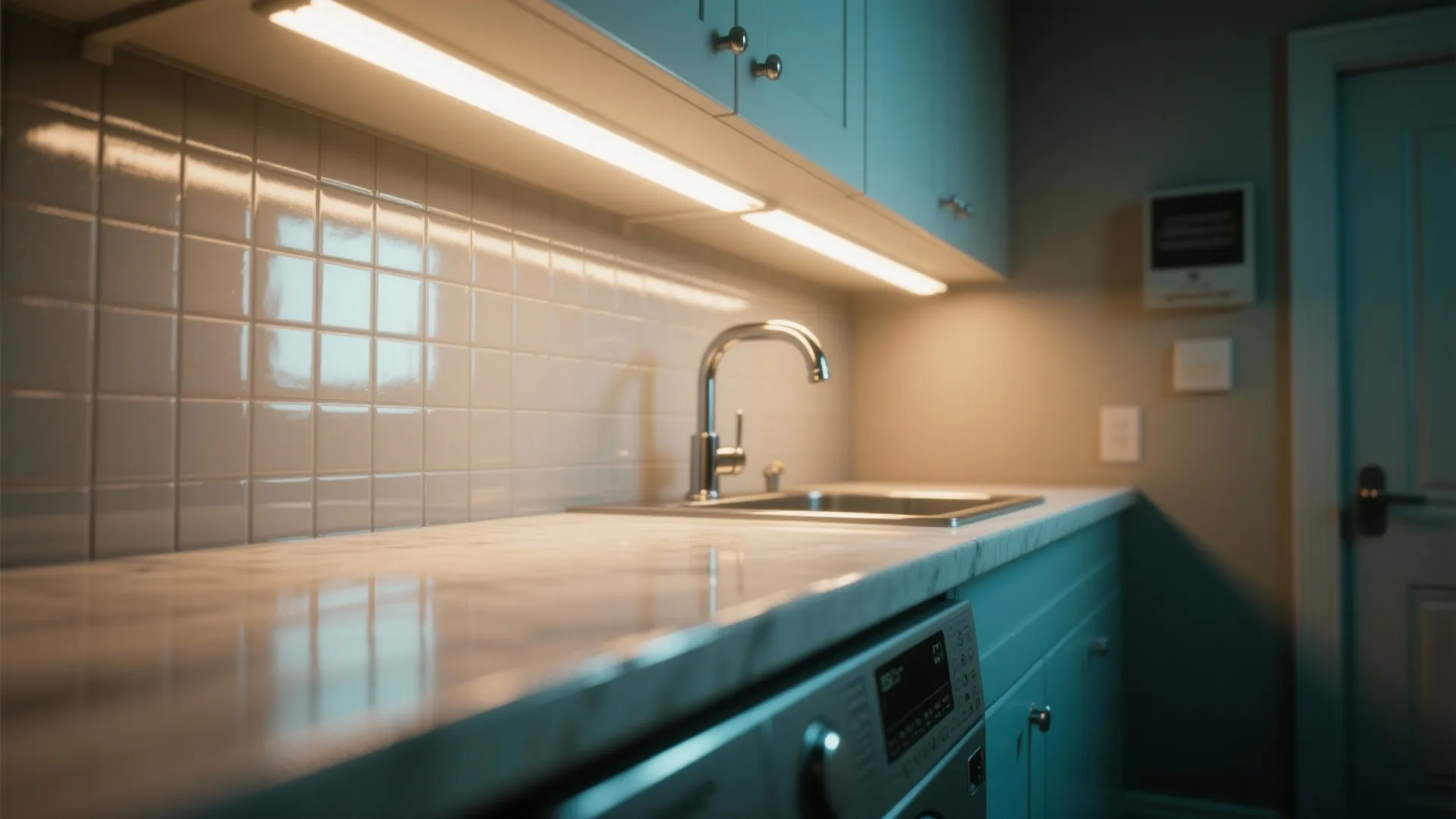 Modern kitchen with bright strip light under white cabinets above a sink and marble countertop