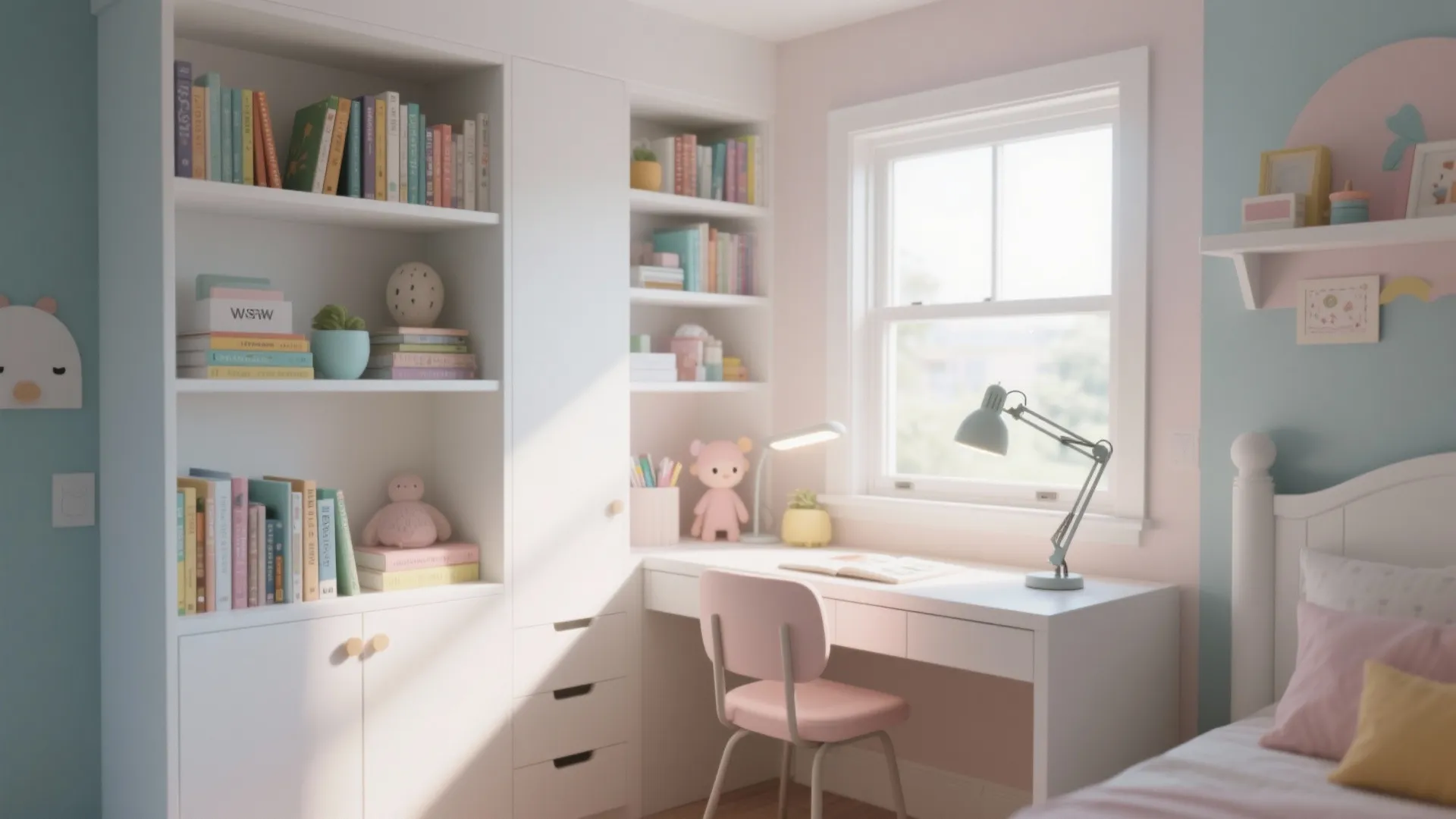 Bright white study area featuring a tall bookcase wooden desk pink chair and a large window