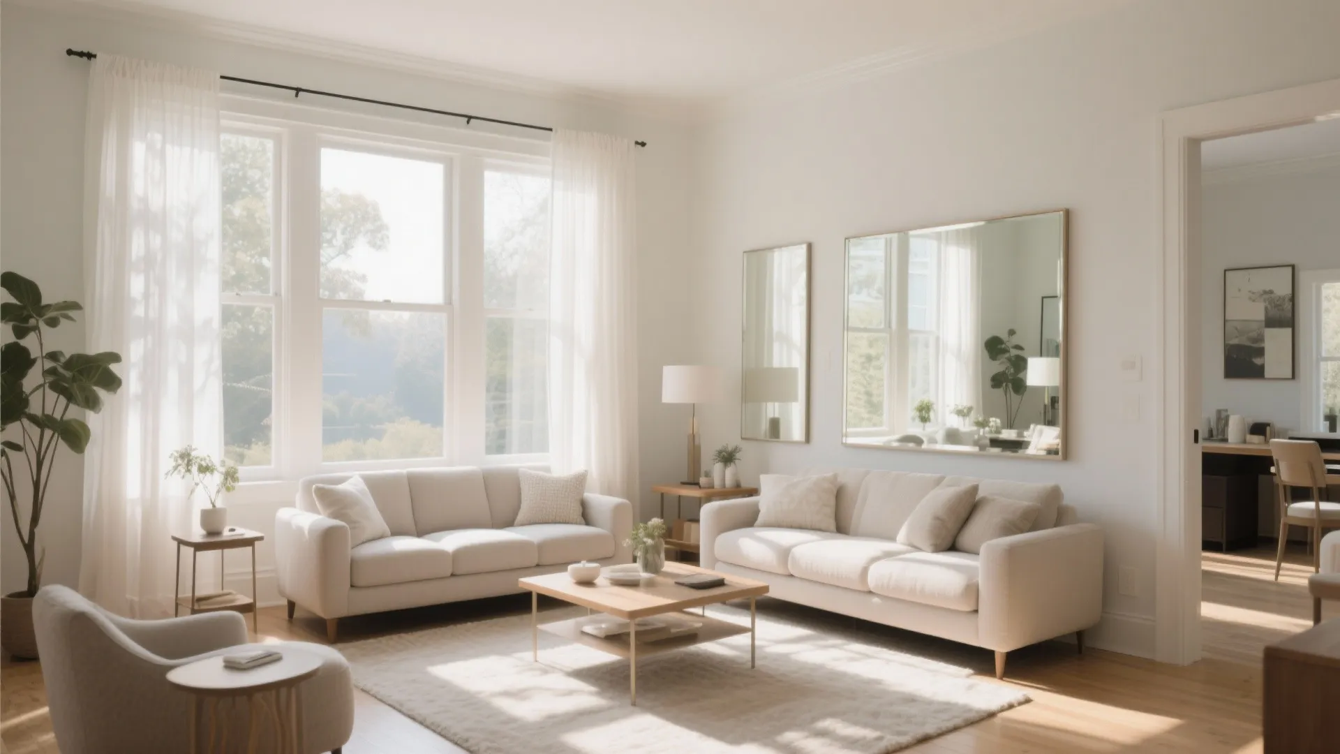 Bright living room with white sofas wooden coffee table large windows and neutral color wall mirrors