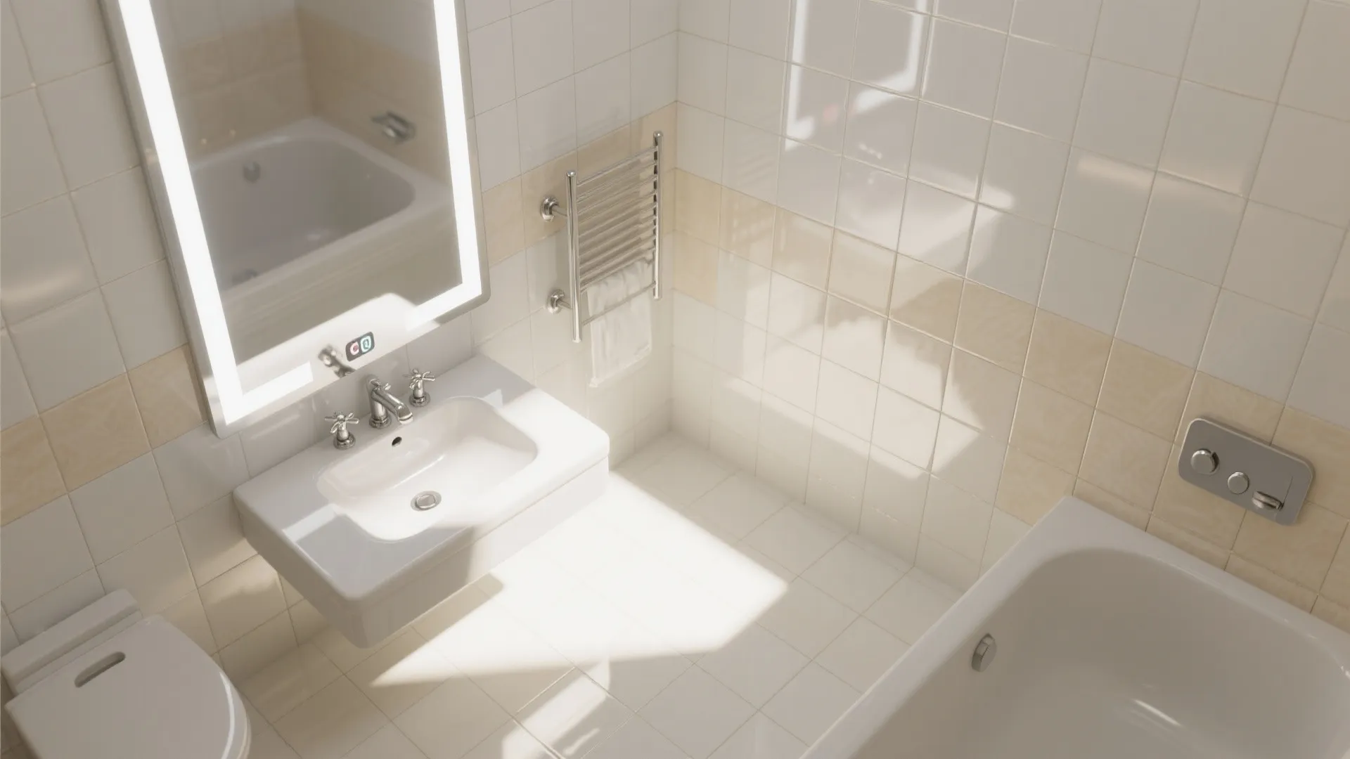 Glossy bathroom tiles and reflective surfaces flatlay