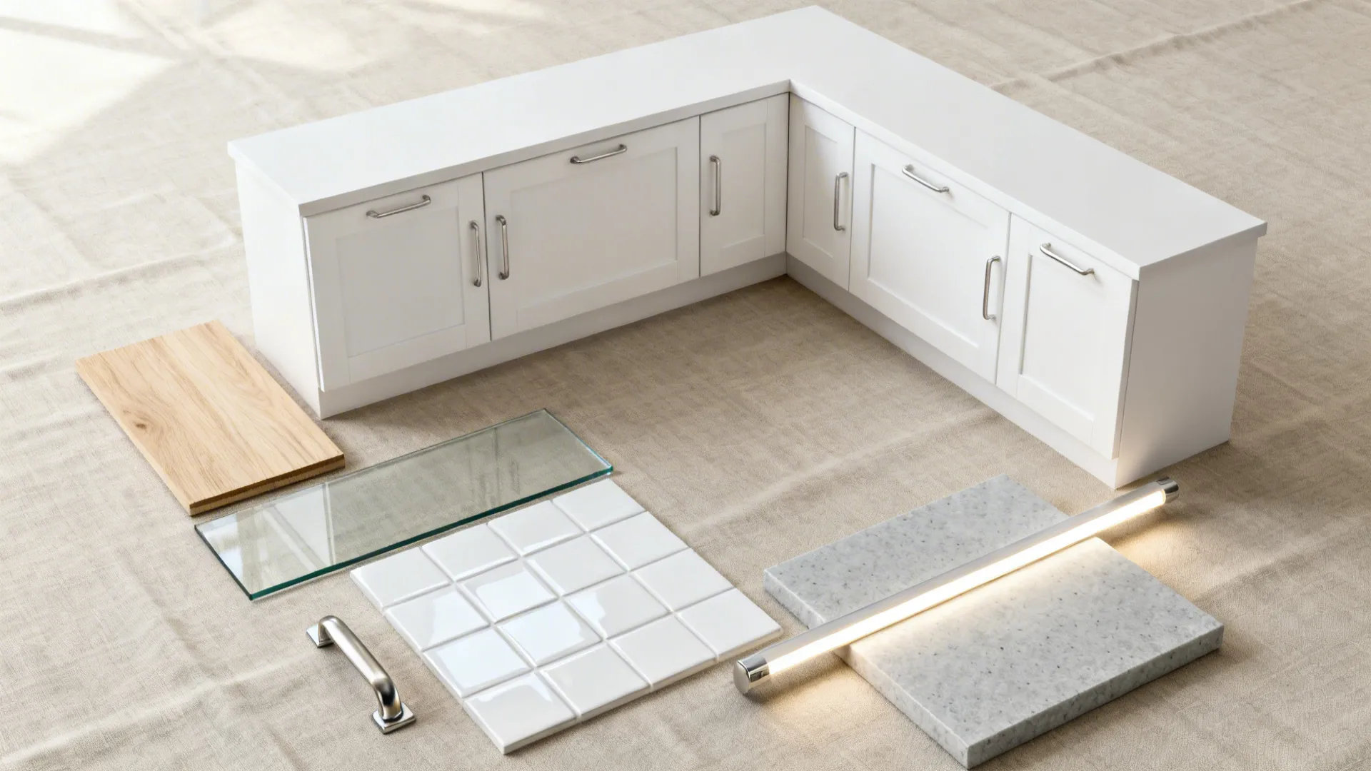 Flat lay of satin-white, pale oak, glass, glossy tile, and honed quartz with warm LED light.