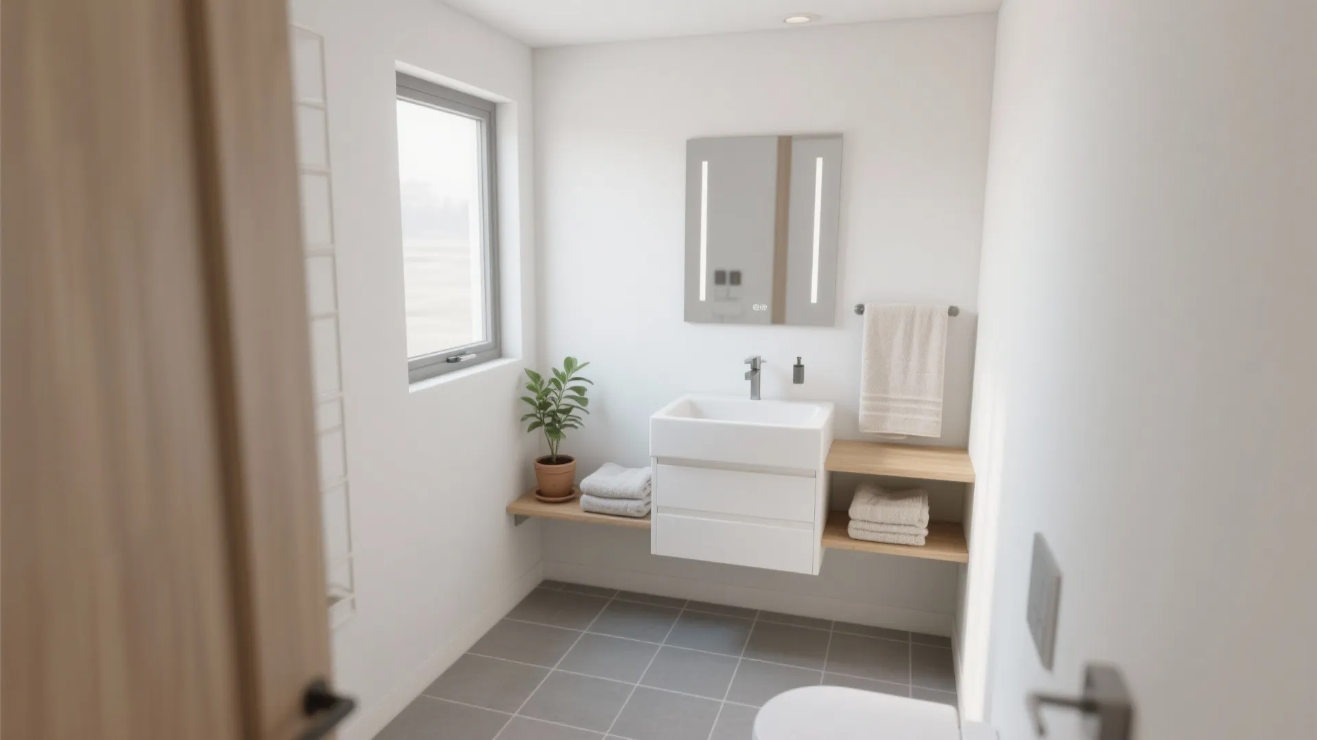 Tiny ensuite with white walls, pale grey tiles, wooden shelf and textured towels in daylight