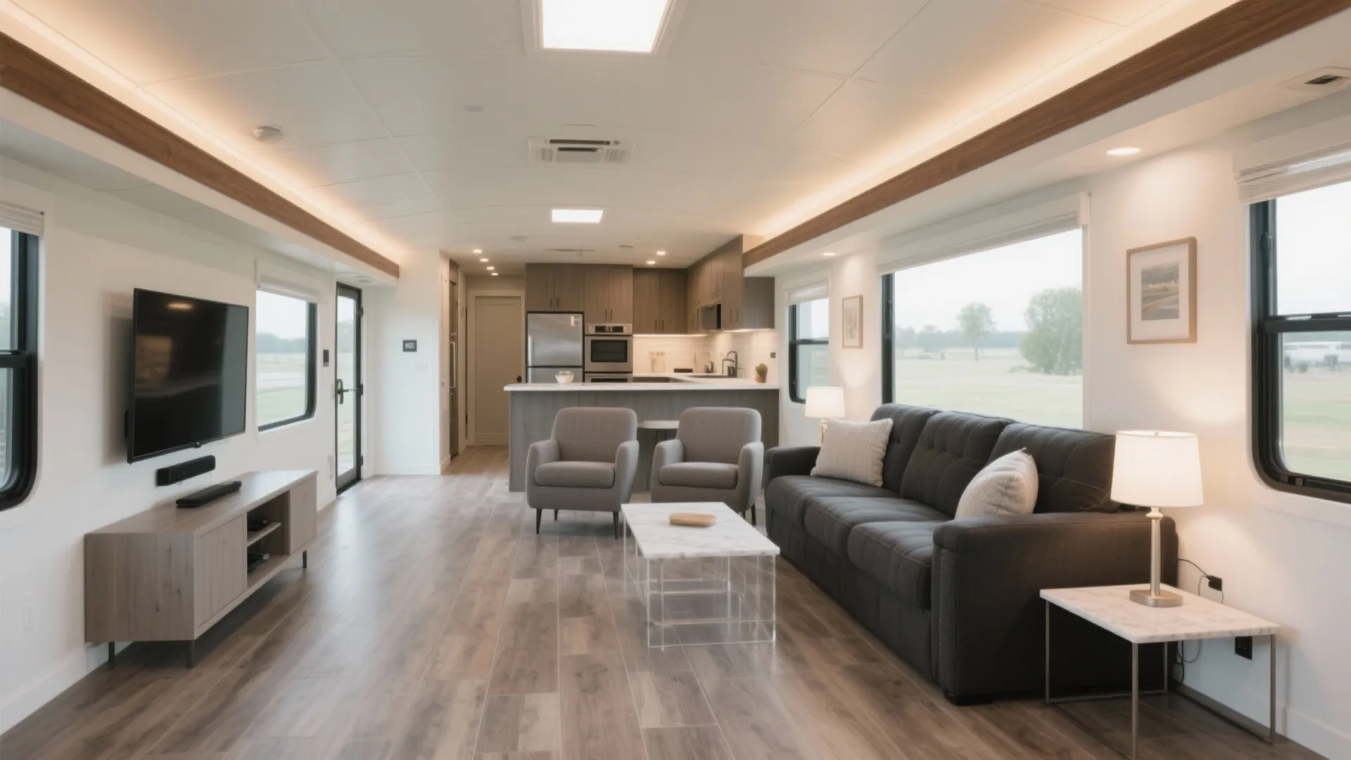 Modern open living room with grey sofa white coffee table light wood floor and kitchen