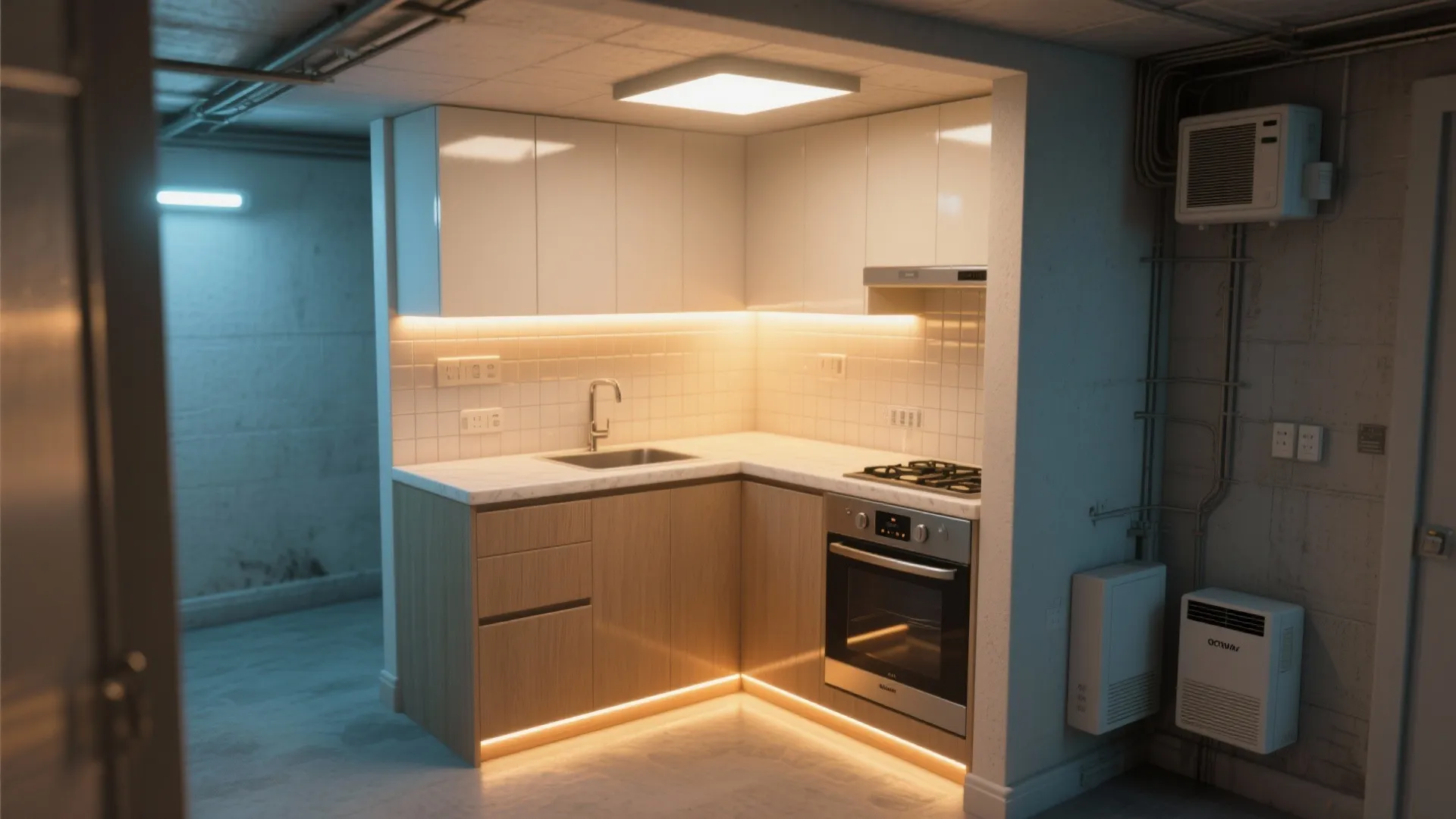 3D mockup scene showing under-cabinet lighting and a pale countertop brightening a basement kitchenette.