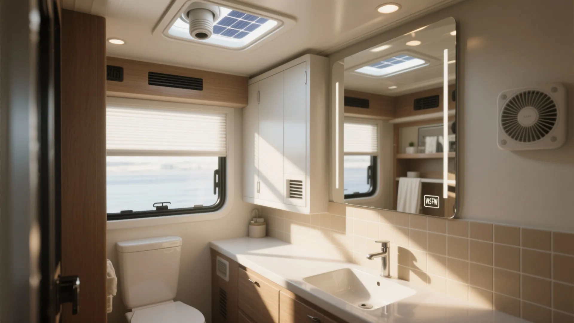 Bright bathroom interior design drawing with large mirror windows sink toilet and wood storage cabinet