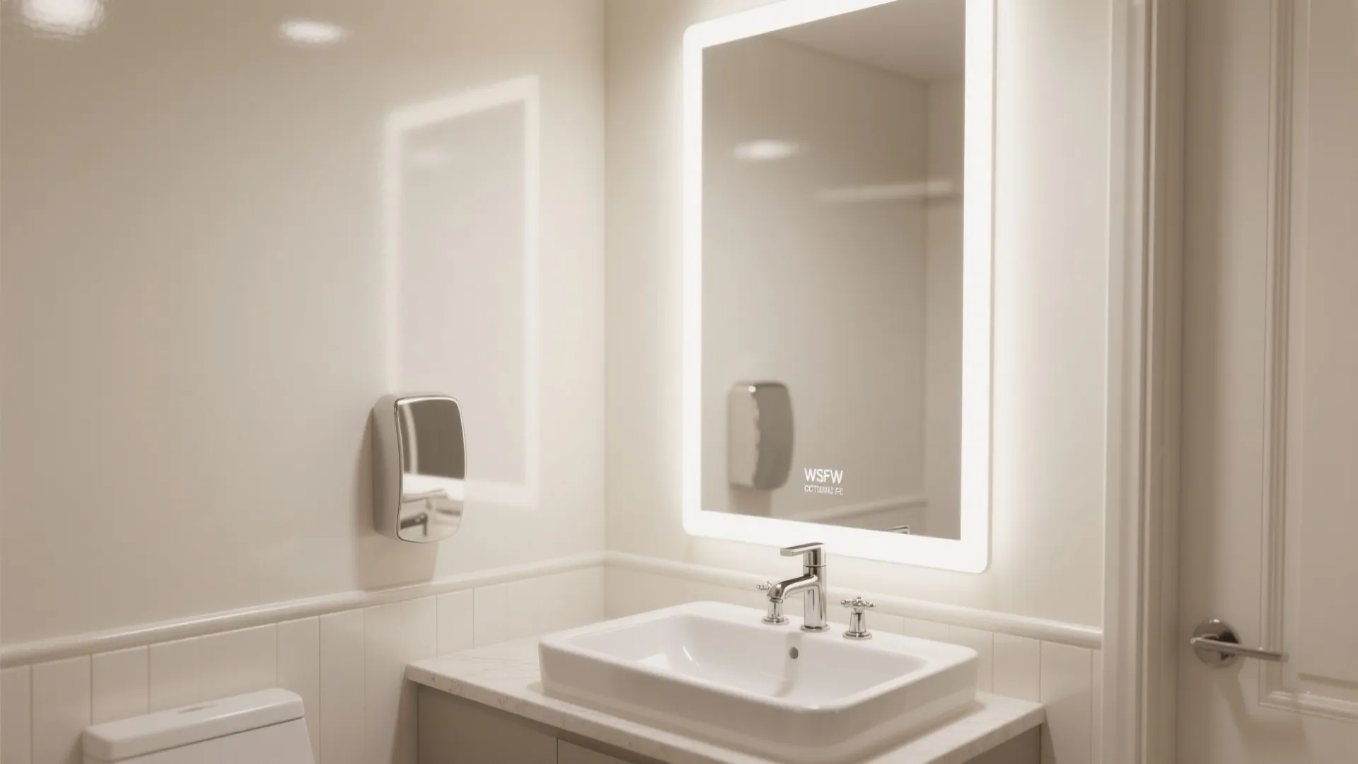 Bright, reflective powder room in warm white satin paint with mirror and chrome fixtures.