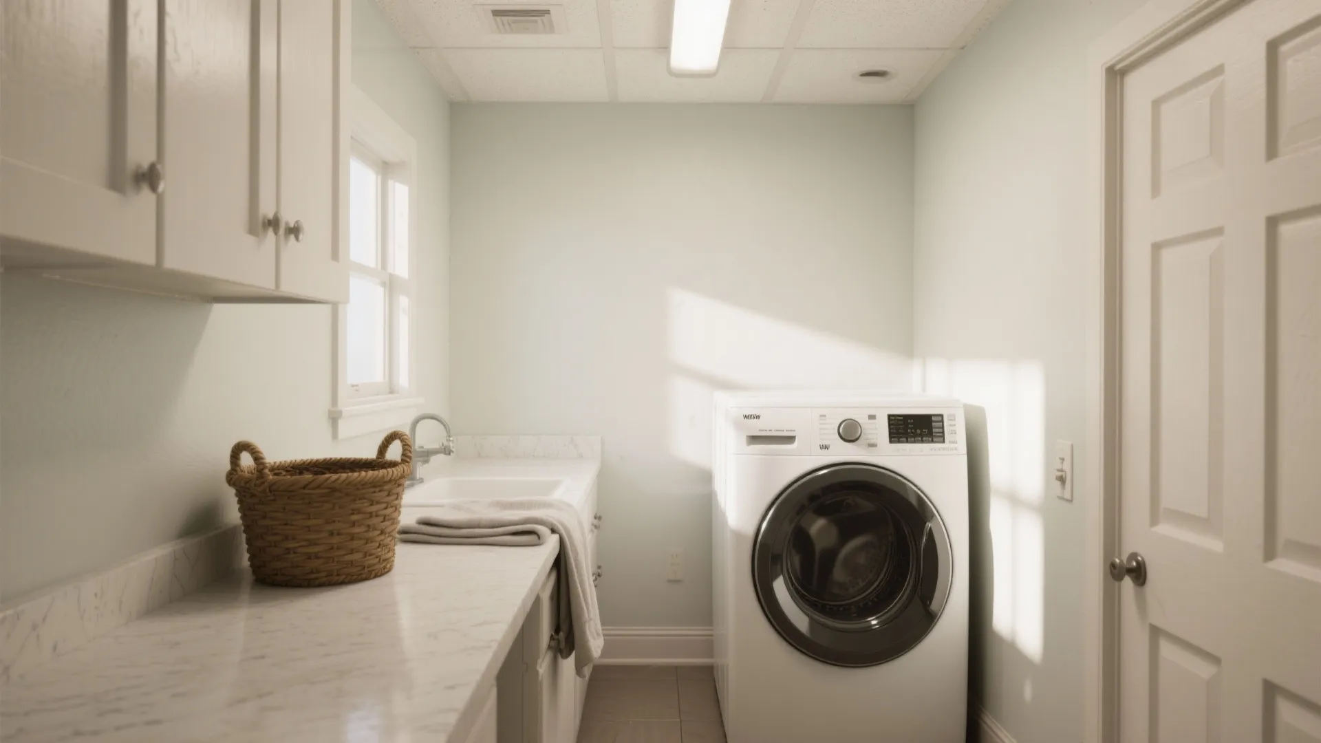 Small laundry room painted warm white and pale greige with satin finish and bright natural light.