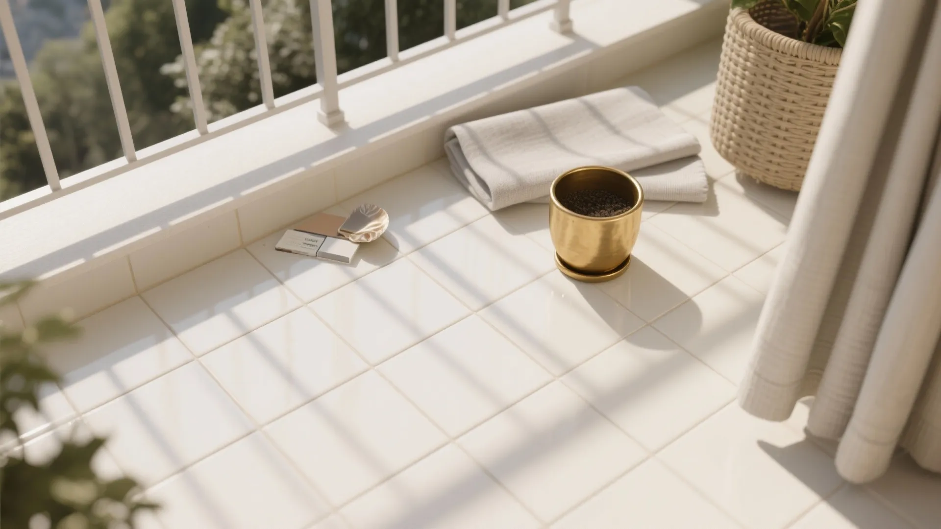Sunny balcony with white floor tiles a gold pot folded towel and a woven basket