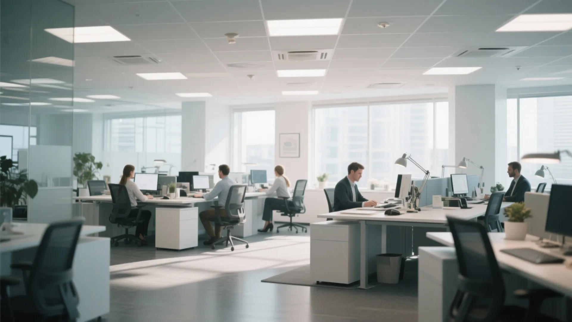 Modern bright open office with people working at white desks under square ceiling light panels