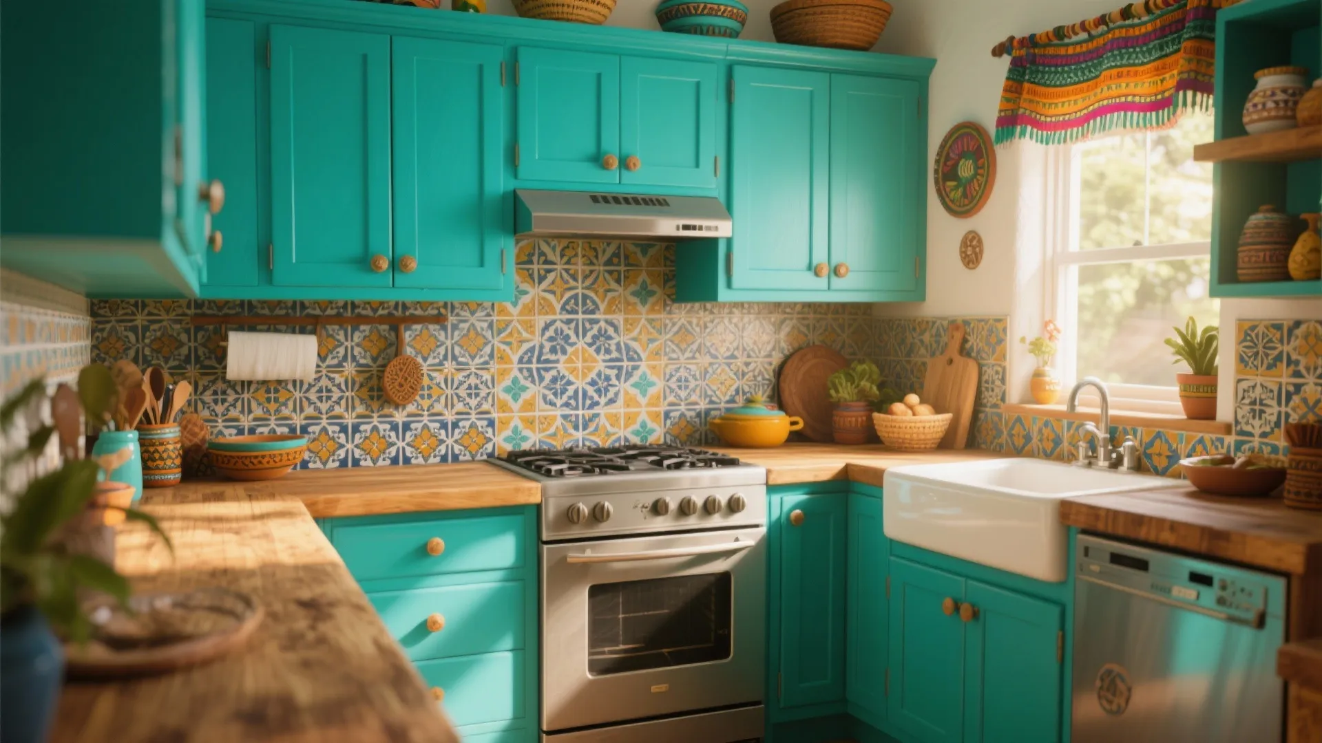 Bright turquoise kitchen cabinets with wooden countertops and decorative yellow patterned tiles on the wall