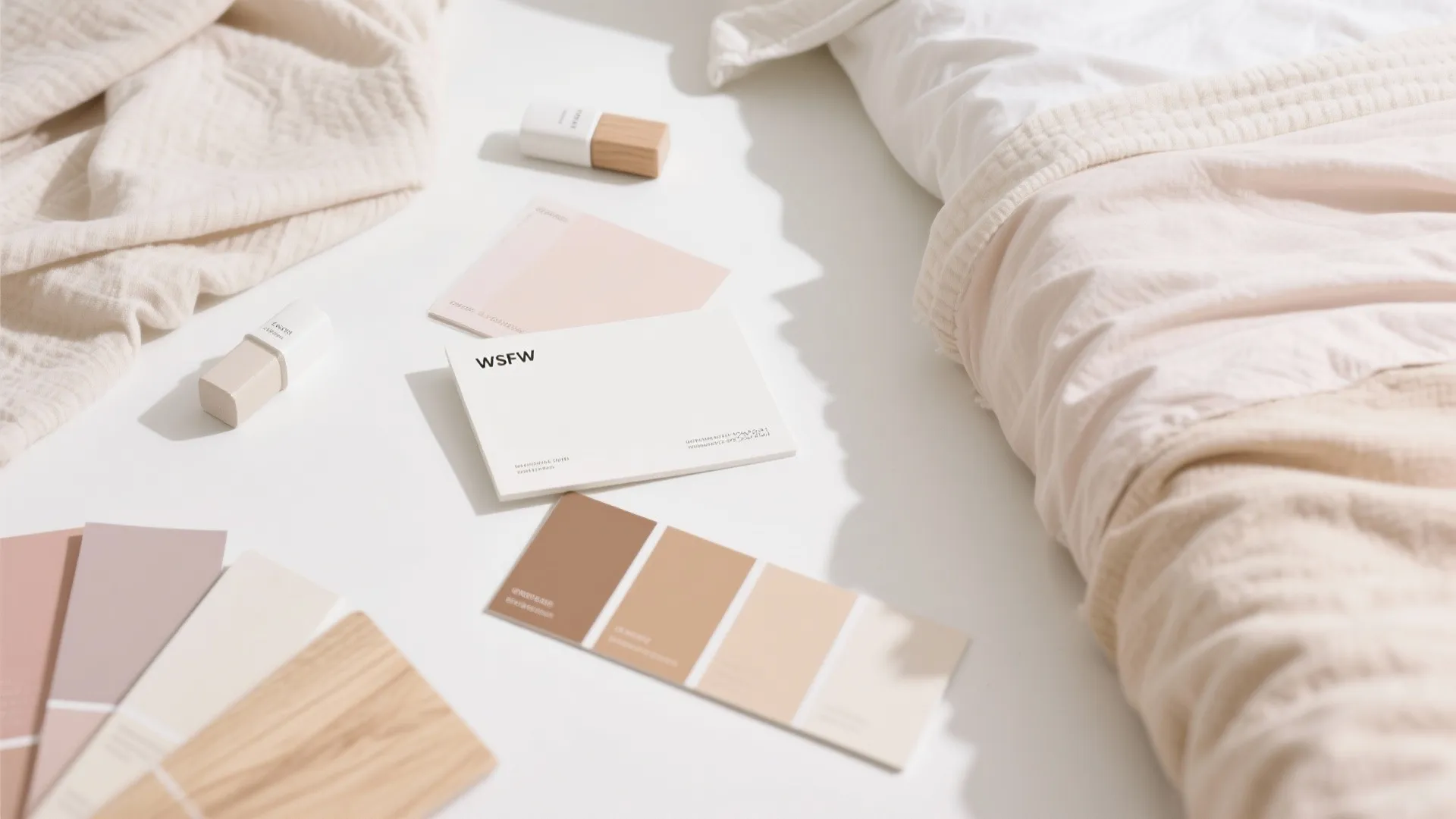 Interior design color palette flatlay with beige fabric, wood samples, and neutral paint swatches on bed