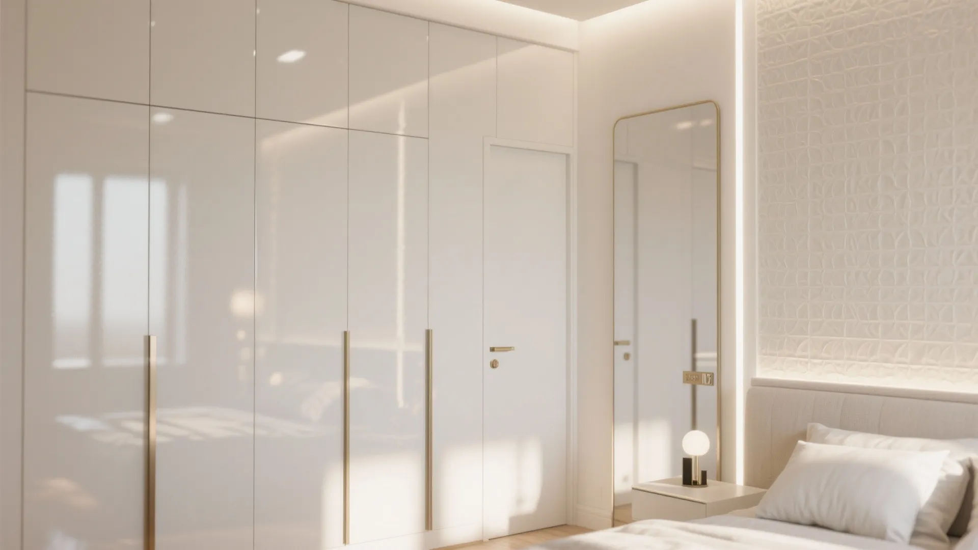 Modern bedroom with large white cabinet doors, full length mirror, white door, and soft lighting