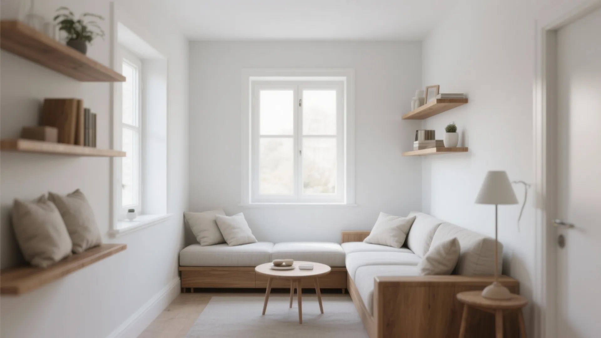 Modern bright living room with white walls wood sofa coffee table and natural window light