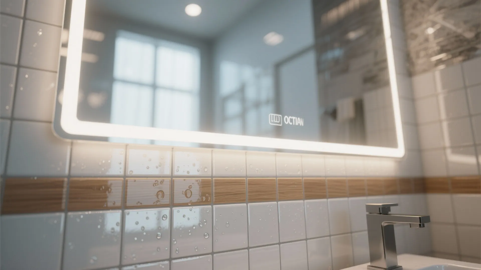 Close up of bathroom mirror with built in light above white tiles with water drops