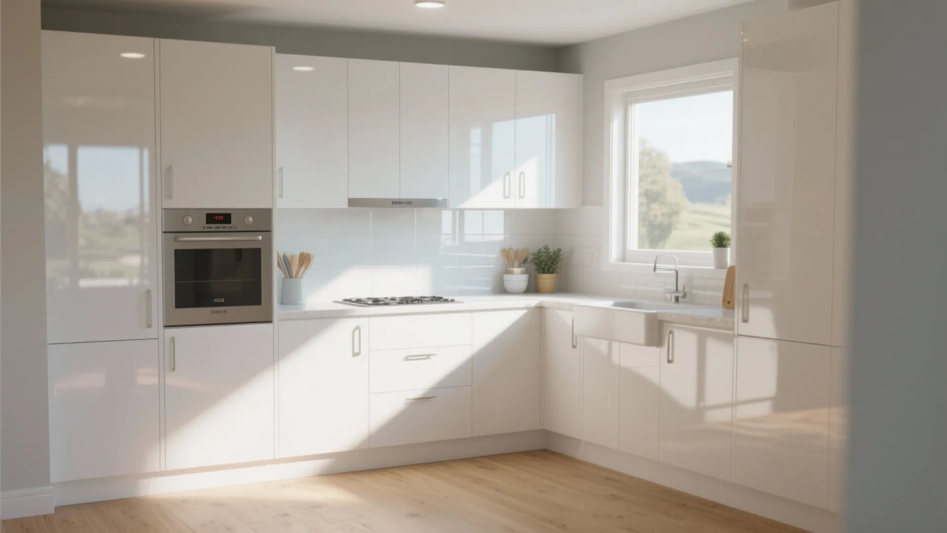 Bright white L-shaped kitchen with glossy cabinets oven gas stove and sunlight hitting wooden floor