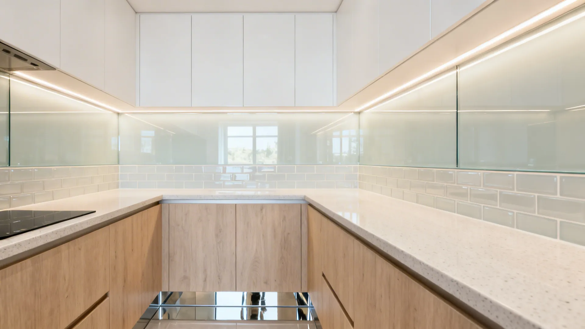 Bright U-shaped kitchen with satin-white uppers, glass backsplash, and mirrored toe kicks.