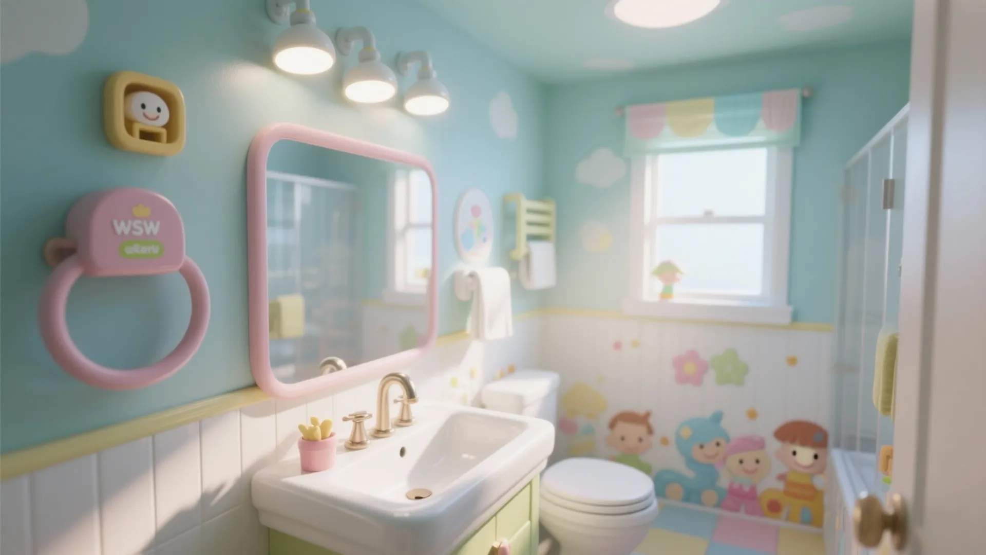 Kid friendly bathroom interior design with bright wall lights pink mirror and colorful cartoon walls