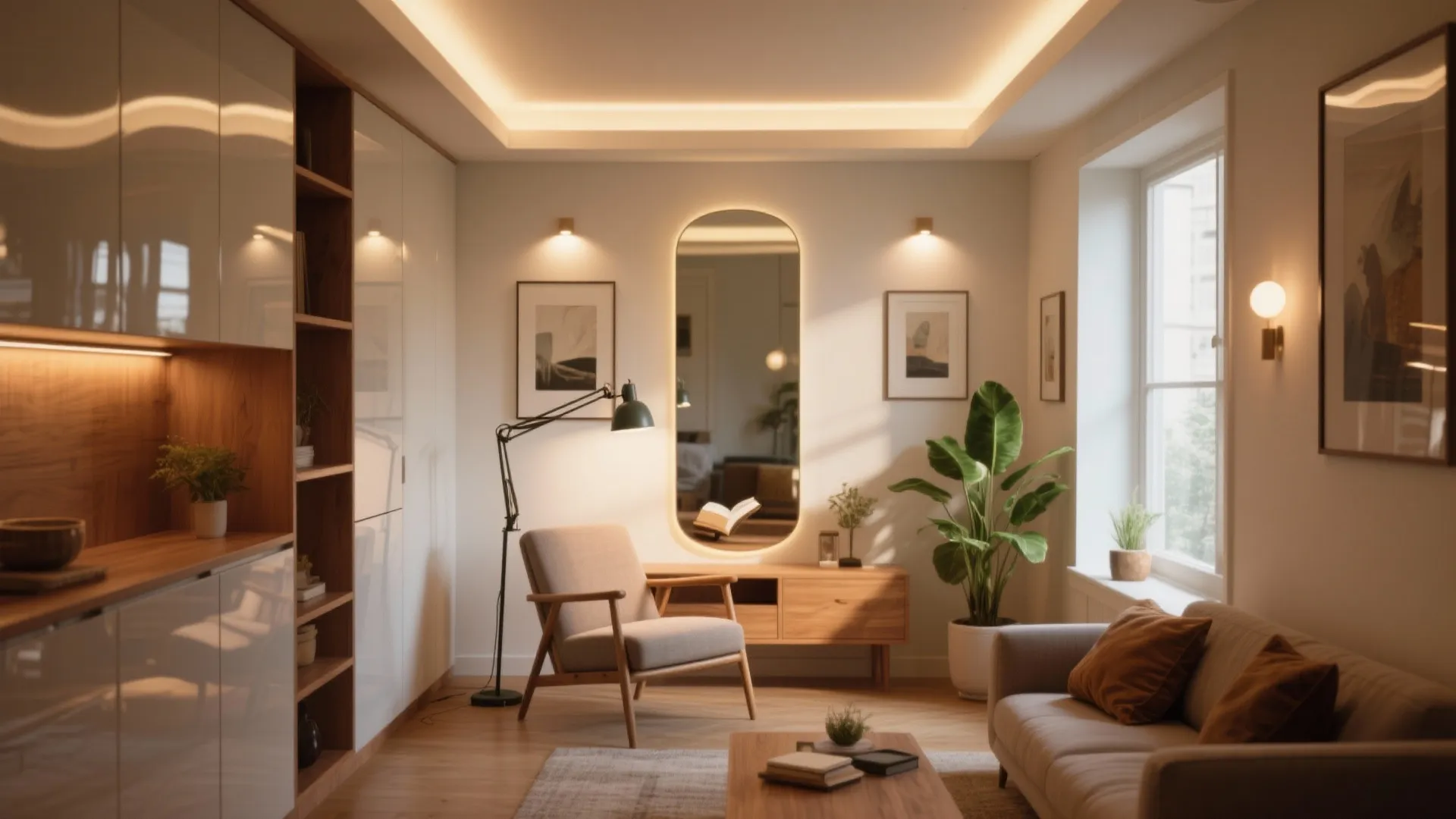 Modern cozy living room with grey sofa wooden furniture oval mirror and warm ceiling light