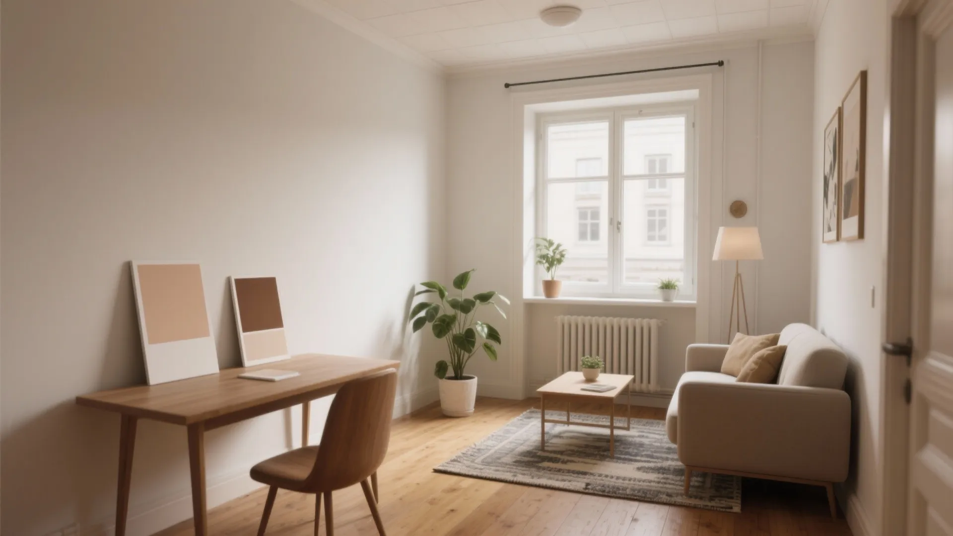 Bright small studio with wooden desk chair cream sofa coffee table grey rug and green plants