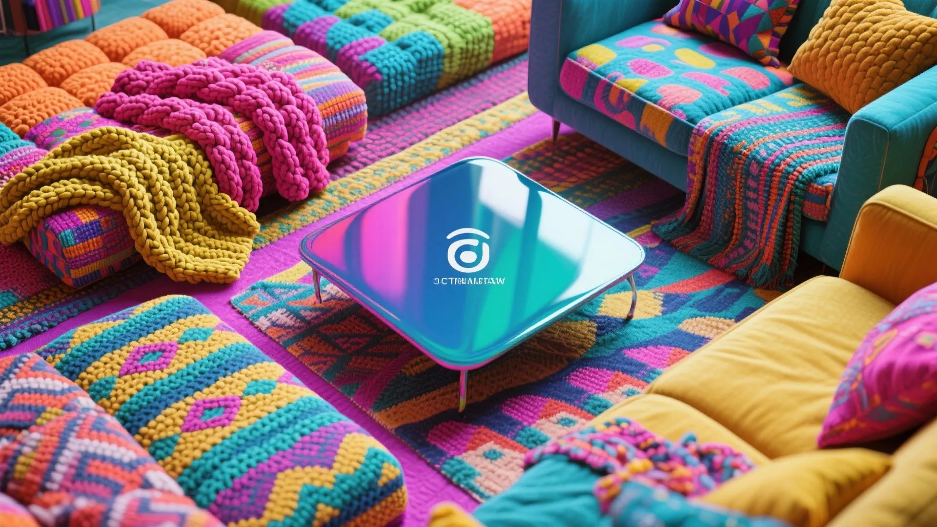 Flat lay of colorful home textures including knit and lacquer