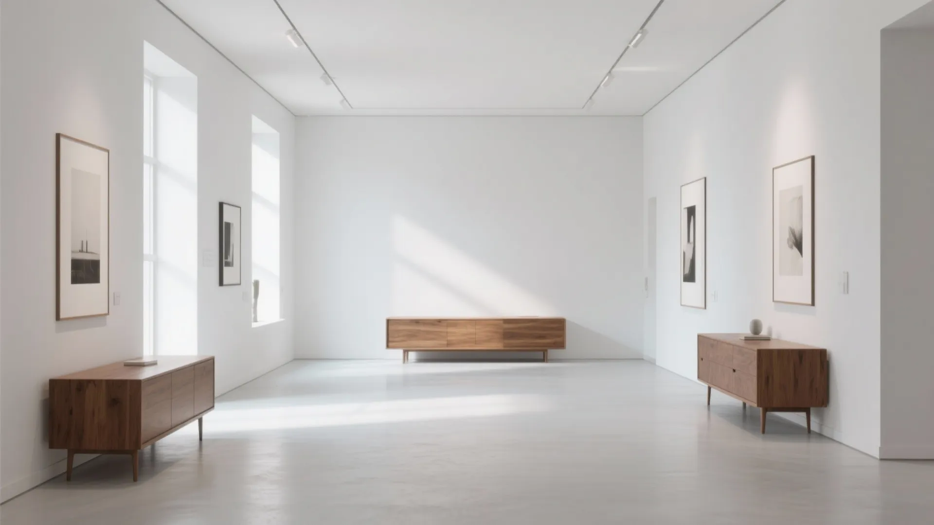 Minimalist white room with three wooden cabinets, framed wall art, track lighting, and natural sunlight