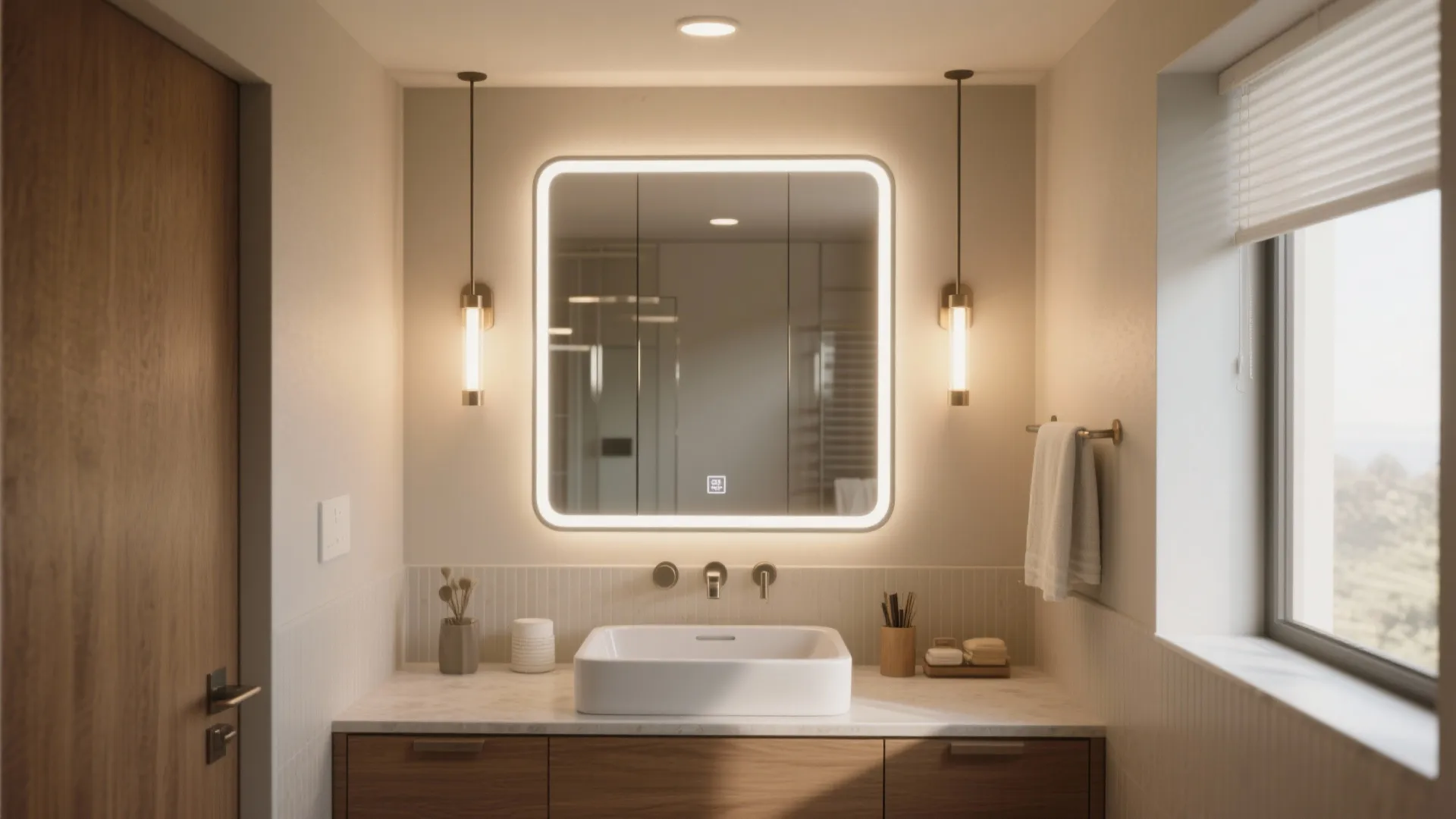 Modern bathroom with glowing square mirror white sink wooden cabinet and two hanging light fixtures