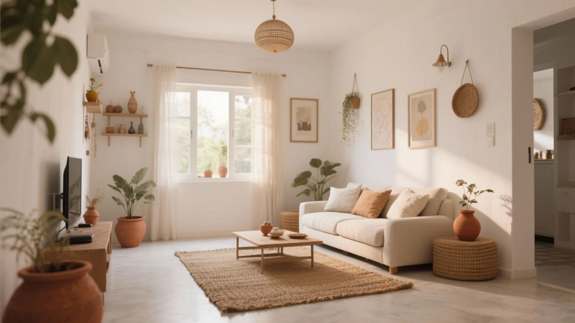 Small apartment living room with bright walls and earthy-toned decor