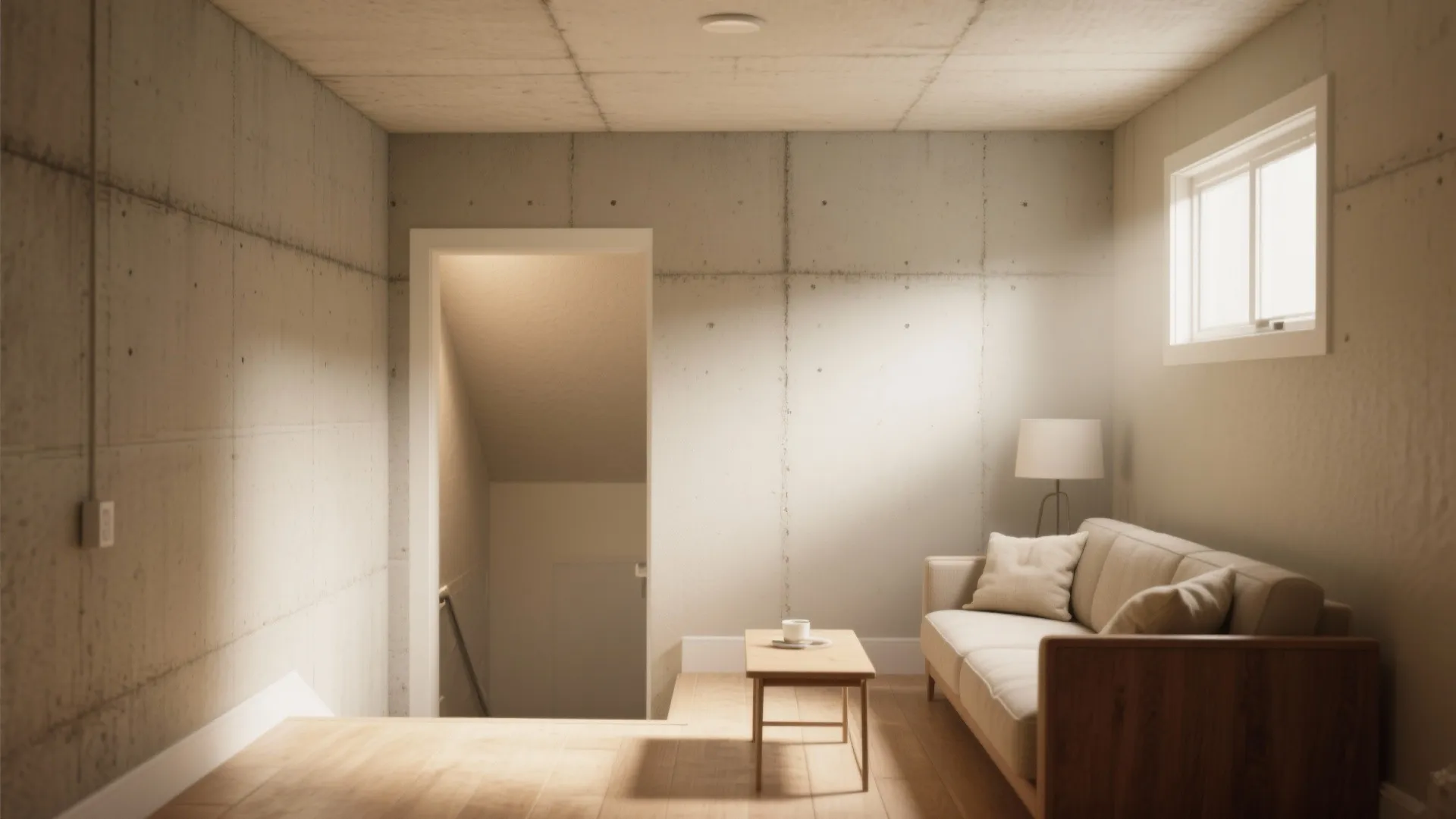 Small walkout basement painted in warm greige and warm ivory with light bouncing across sealed concrete walls.
