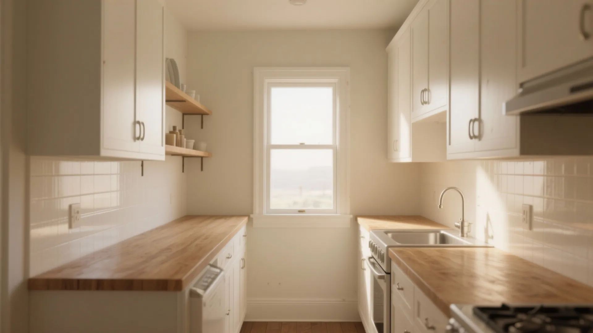 Bright white narrow kitchen with wooden countertops white cabinets a central window and warm natural lighting
