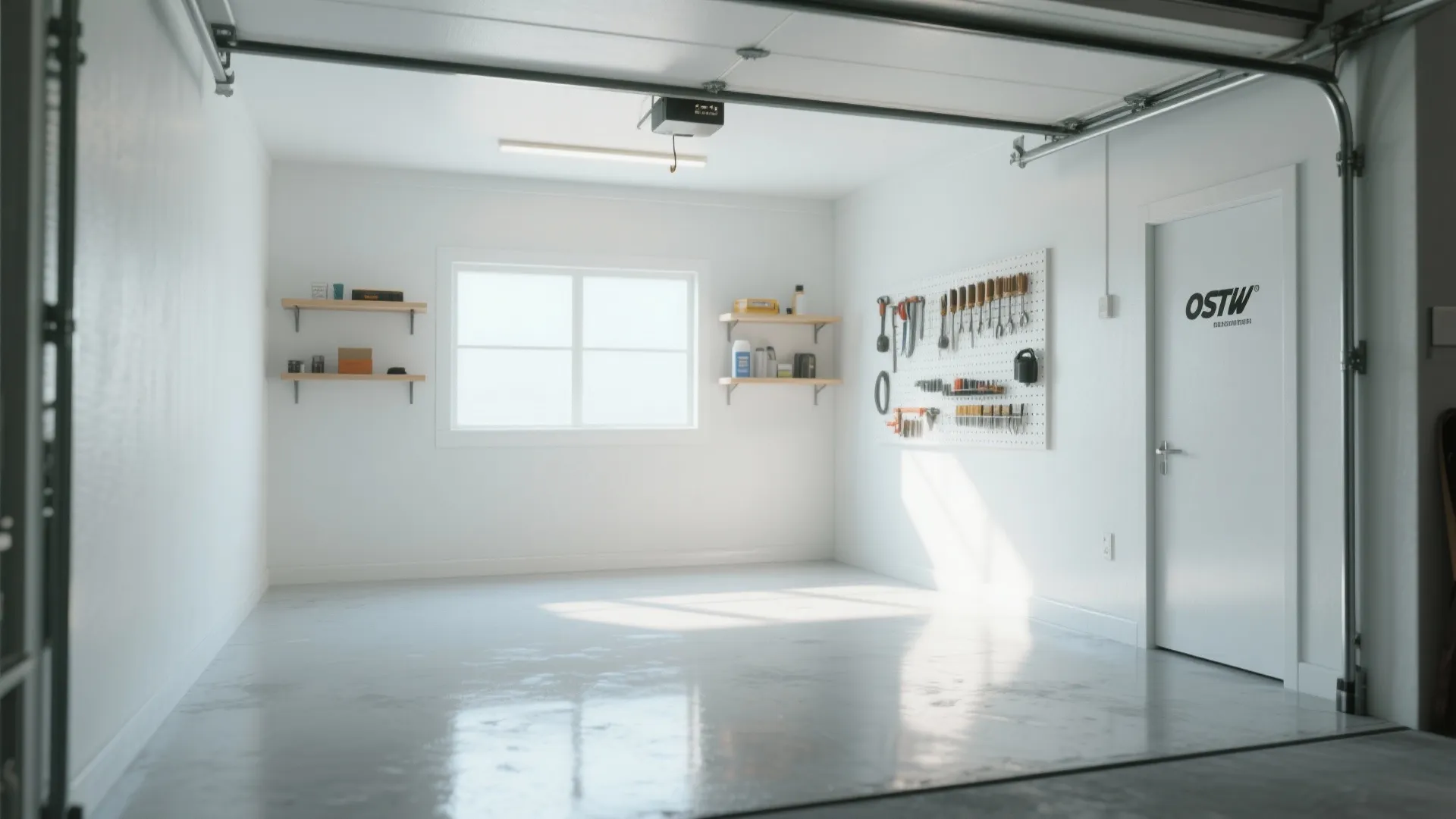 Empty bright white garage with window wooden shelves tool wall board and shiny grey floor