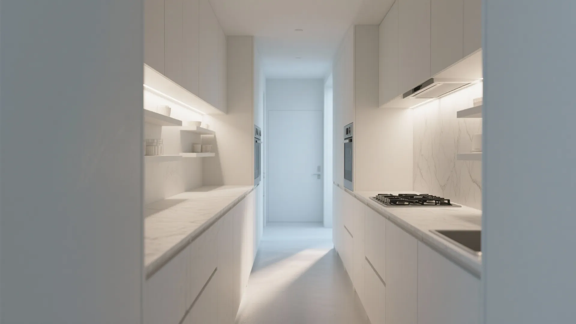 Minimalist white kitchen with marble countertops white cabinets built in ovens and hidden ceiling lights