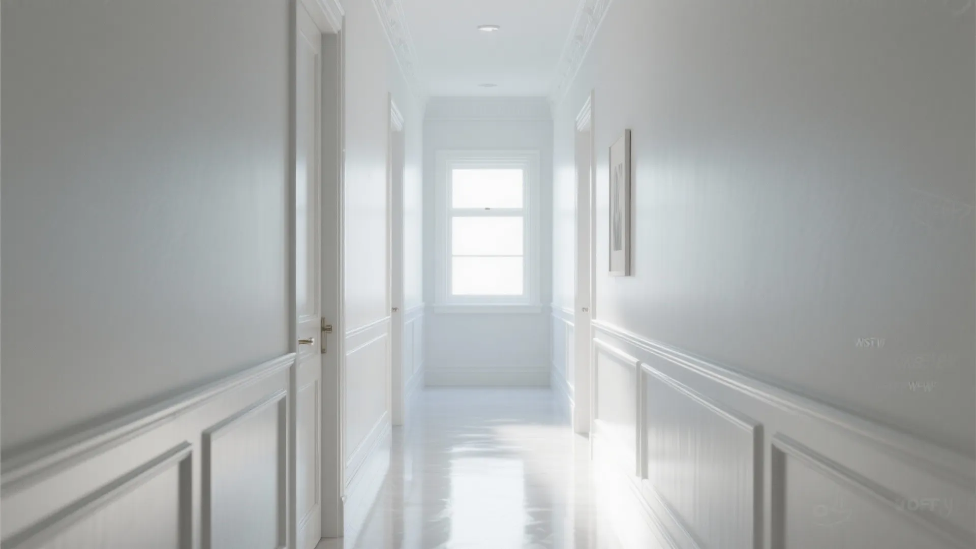 Bright white hallway with wall panel design narrow corridor light wooden floor and single window view