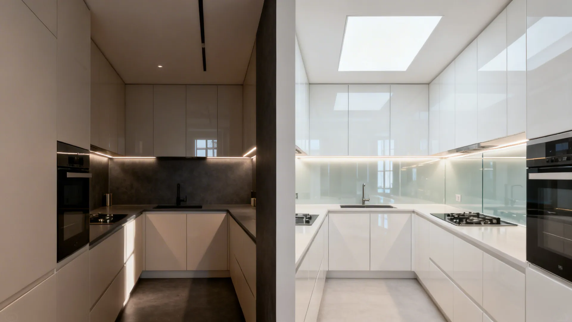 Before-and-after of a compact kitchen showing how reflective finishes and added lighting widen the feel.