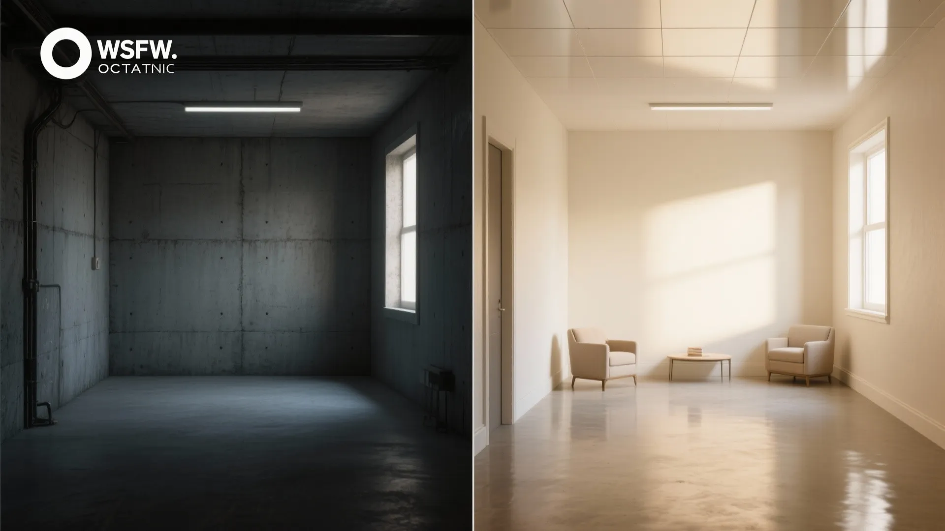 Before and after side by side of dark concrete room versus bright furnished living room