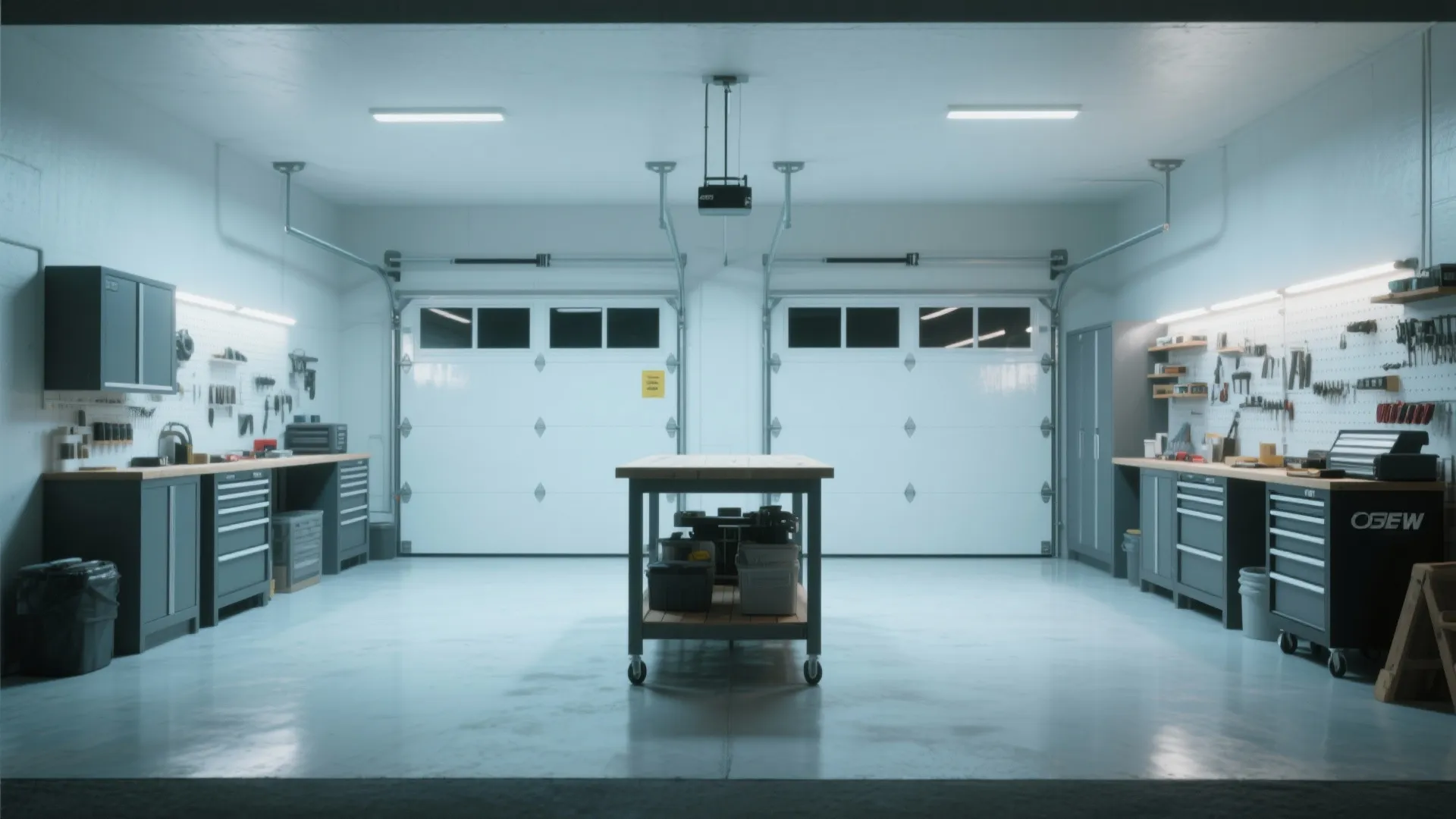 Modern organized garage workshop with white doors wood table grey cabinets and bright ceiling light