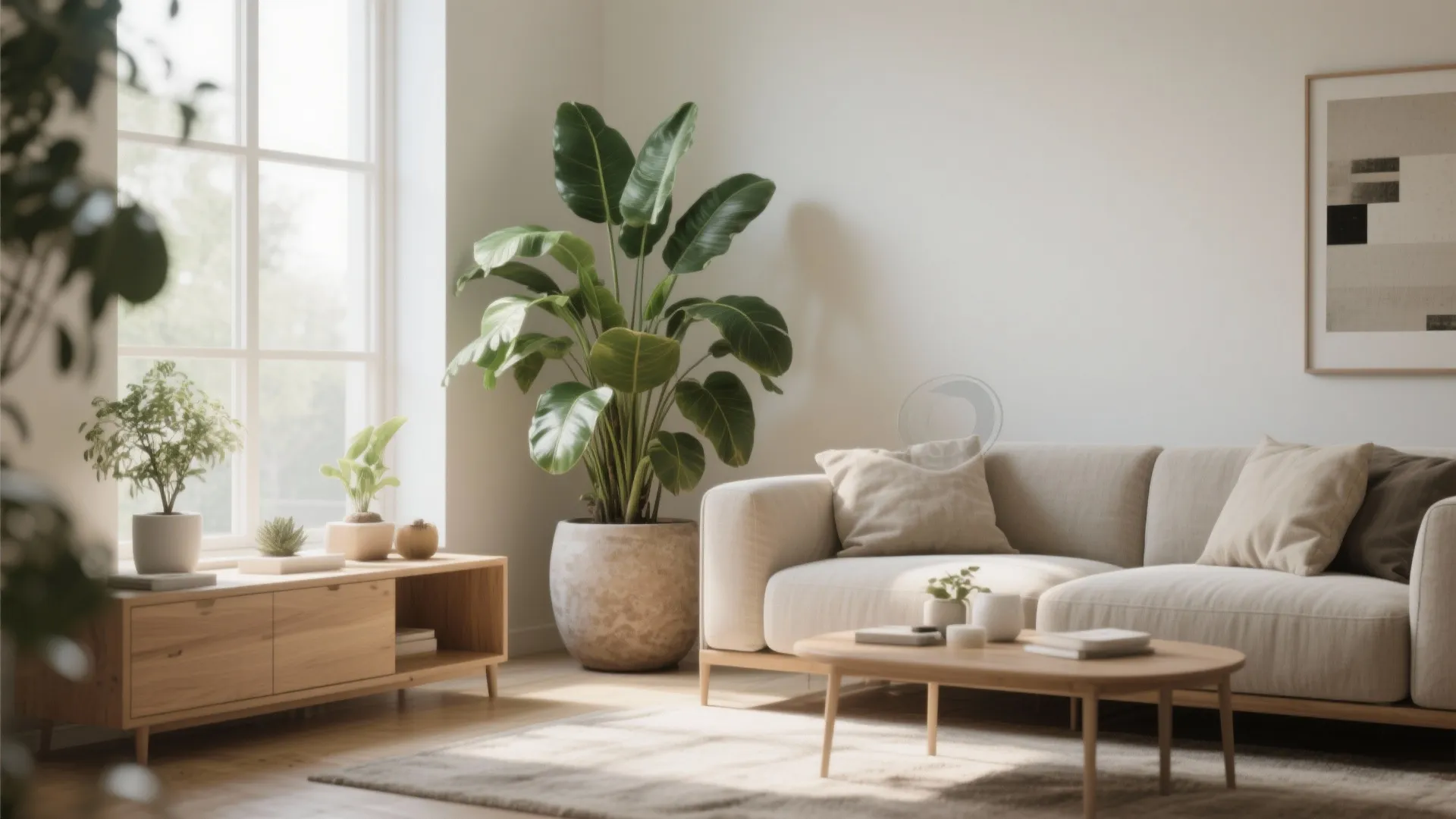 Bright living room with large green plant beige sofa wooden coffee table and big window view