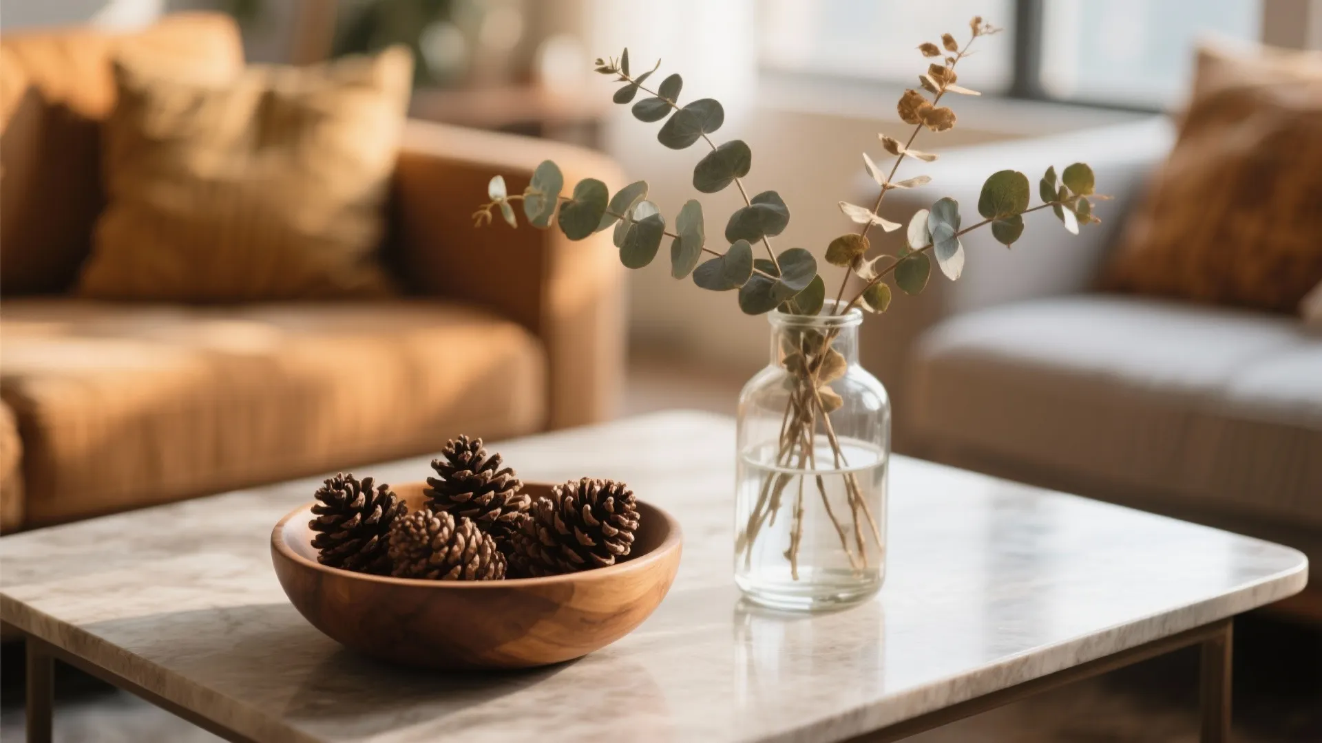 Wooden bowl of pine cones and green leaves in a glass vase on marble table