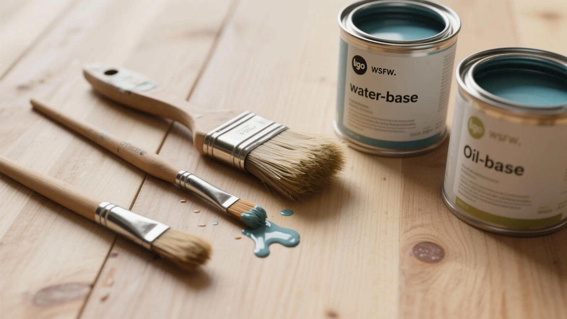 Three paint brushes on wood surface with blue paint drips and two open paint cans