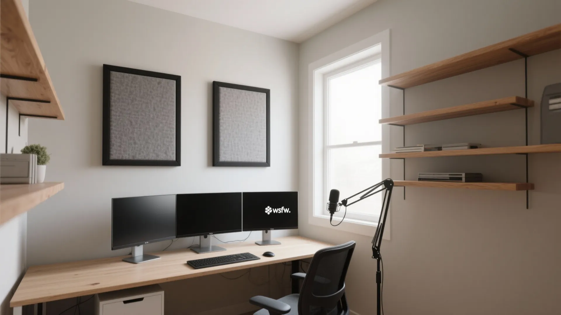 Small studio wall with fabric-wrapped broadband panels at first reflection points and behind the mic.