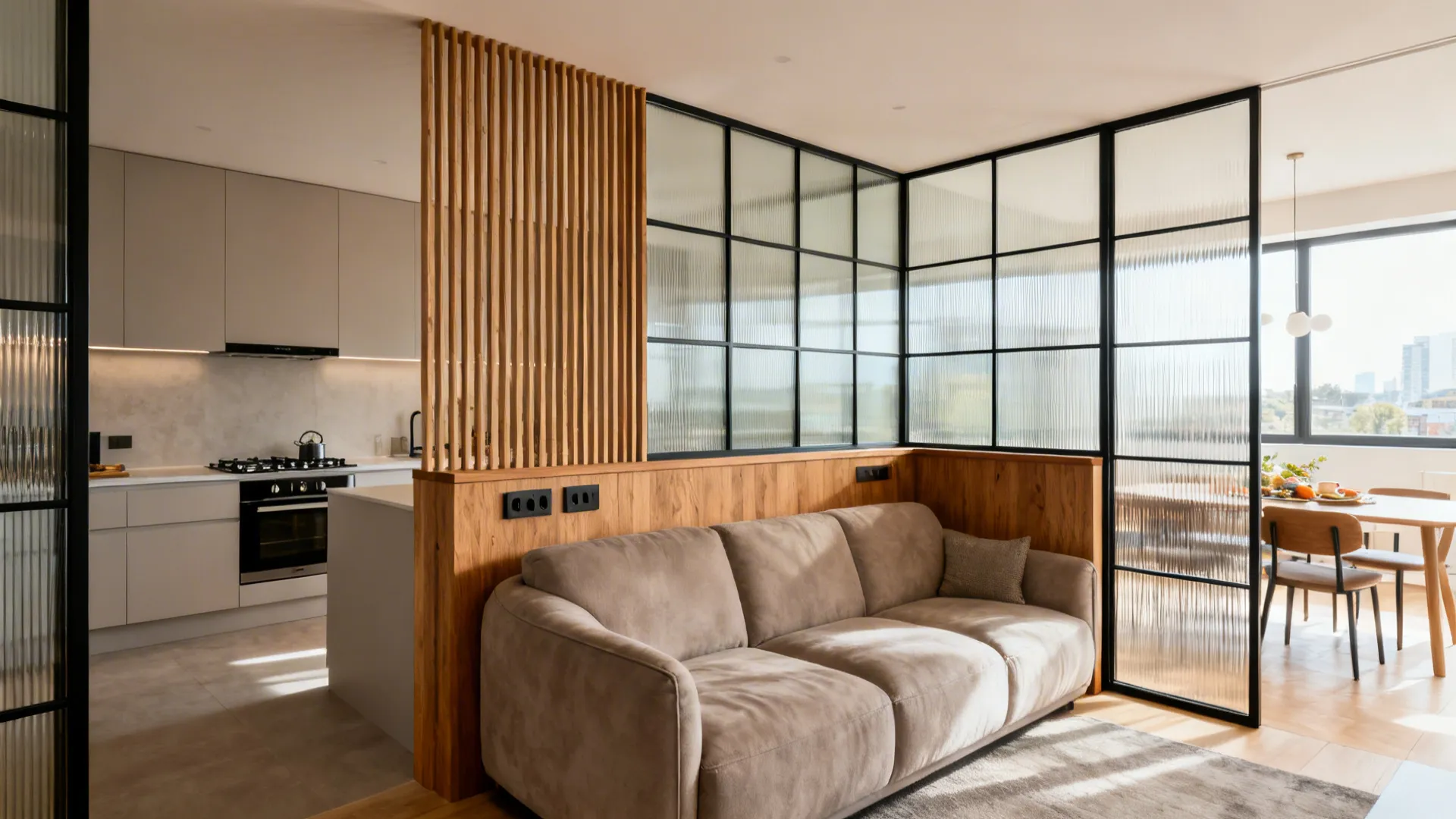 Broken-plan space with timber slat screen, crittall glass partition, and a wood-capped half-wall.