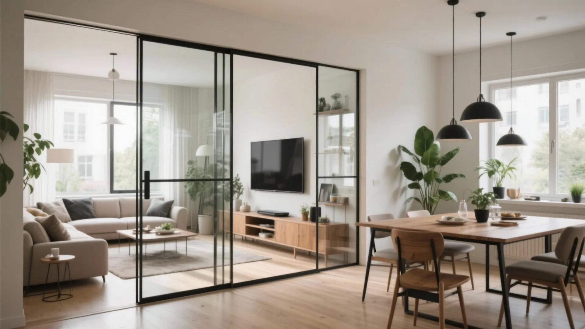 Black framed glass wall partition separating a living room and dining room with modern furniture