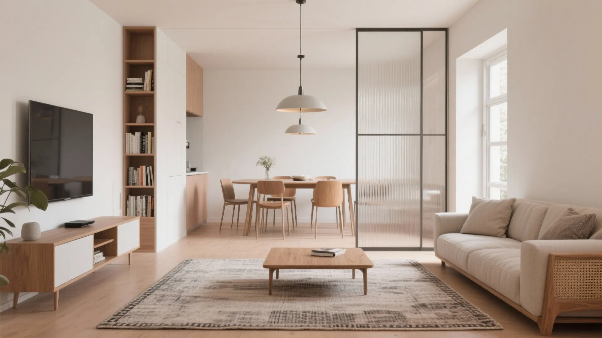 1) Broken-Plan Zoning with Rugs, Pendants, and Low Storage