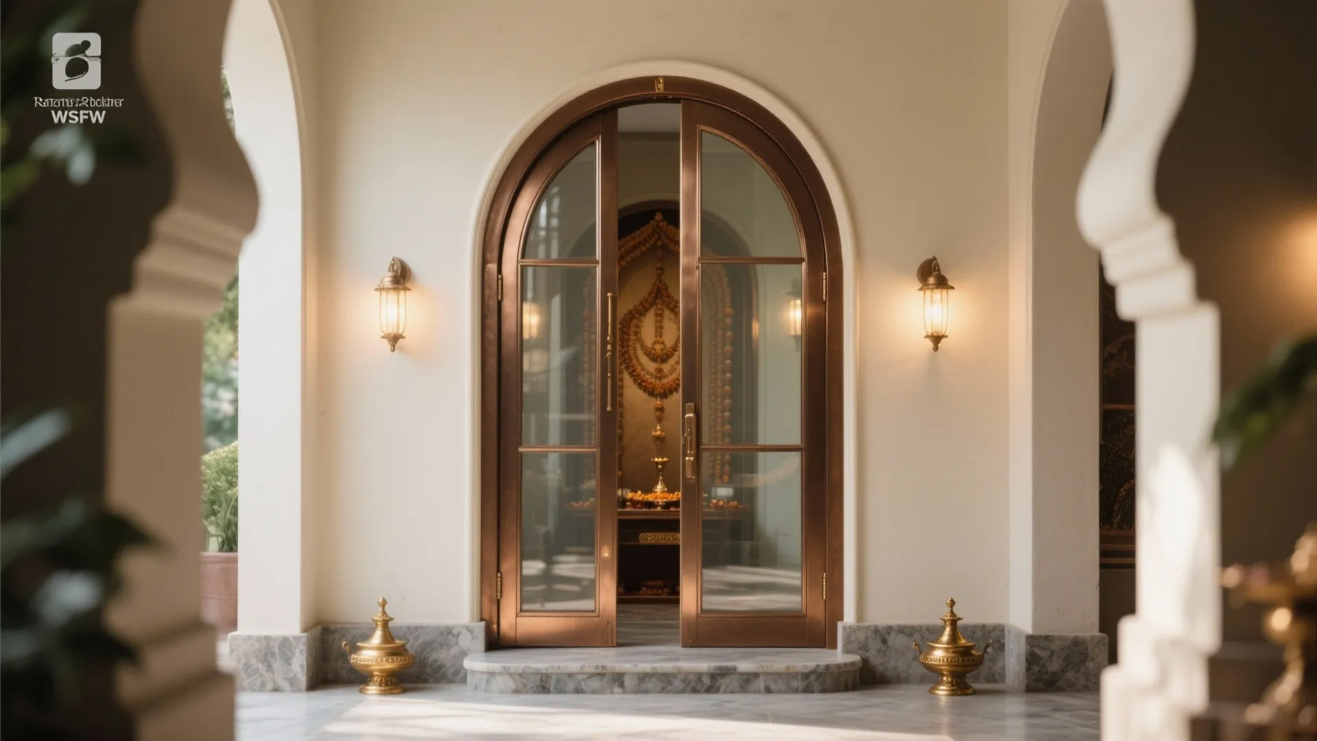 Elegant arched bronze glass doors between white pillars with warm wall lights and gold decor
