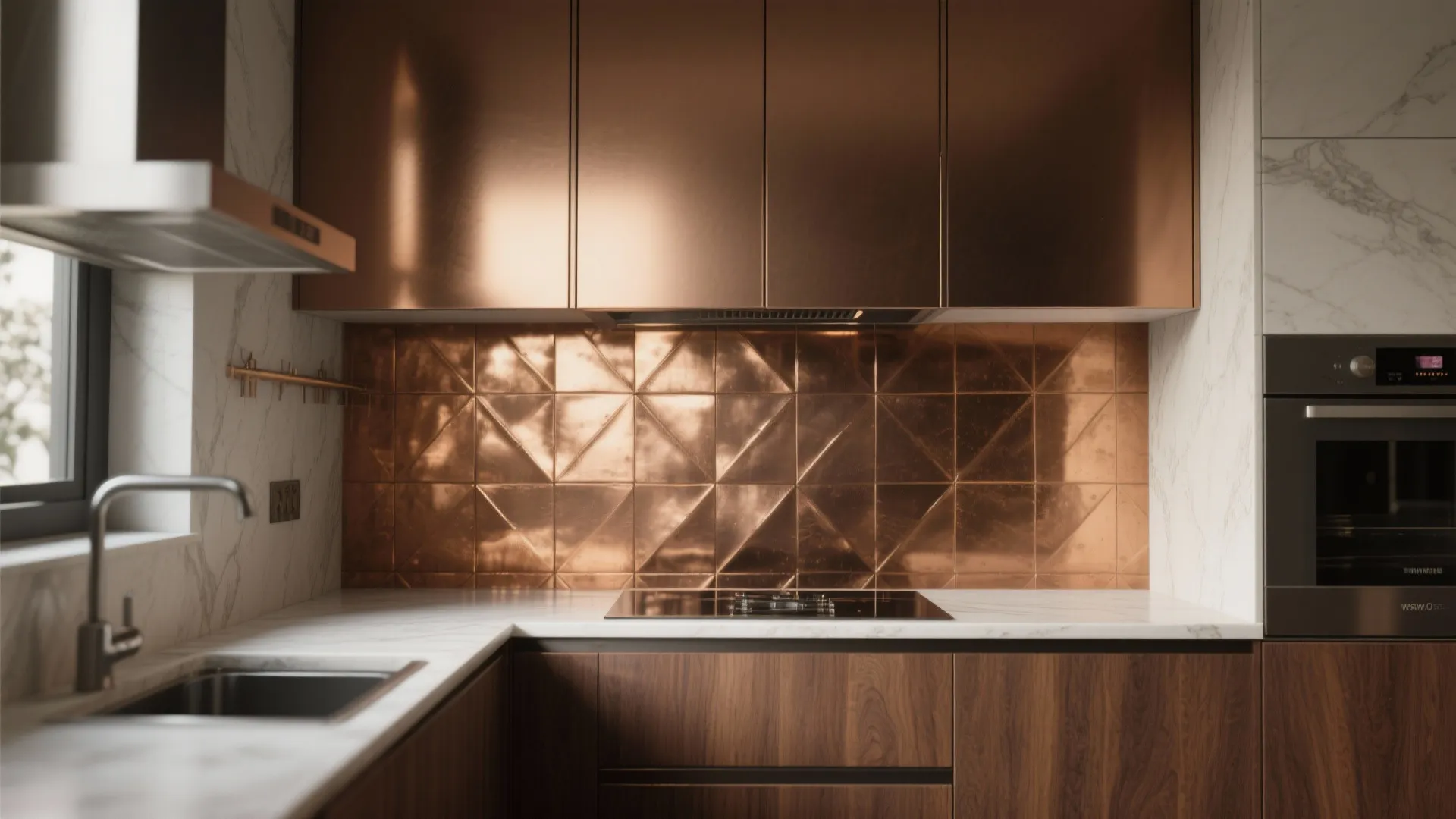 Modern luxury kitchen with bronze metal wall tiles copper cabinets marble counter and dark wood drawers